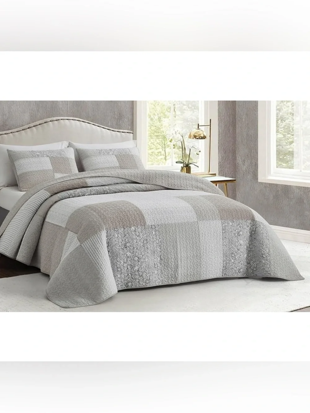 Luxury Neutral Patchwork Queen 3 piece Quilt Set - Gray/Taupe 100% cotton